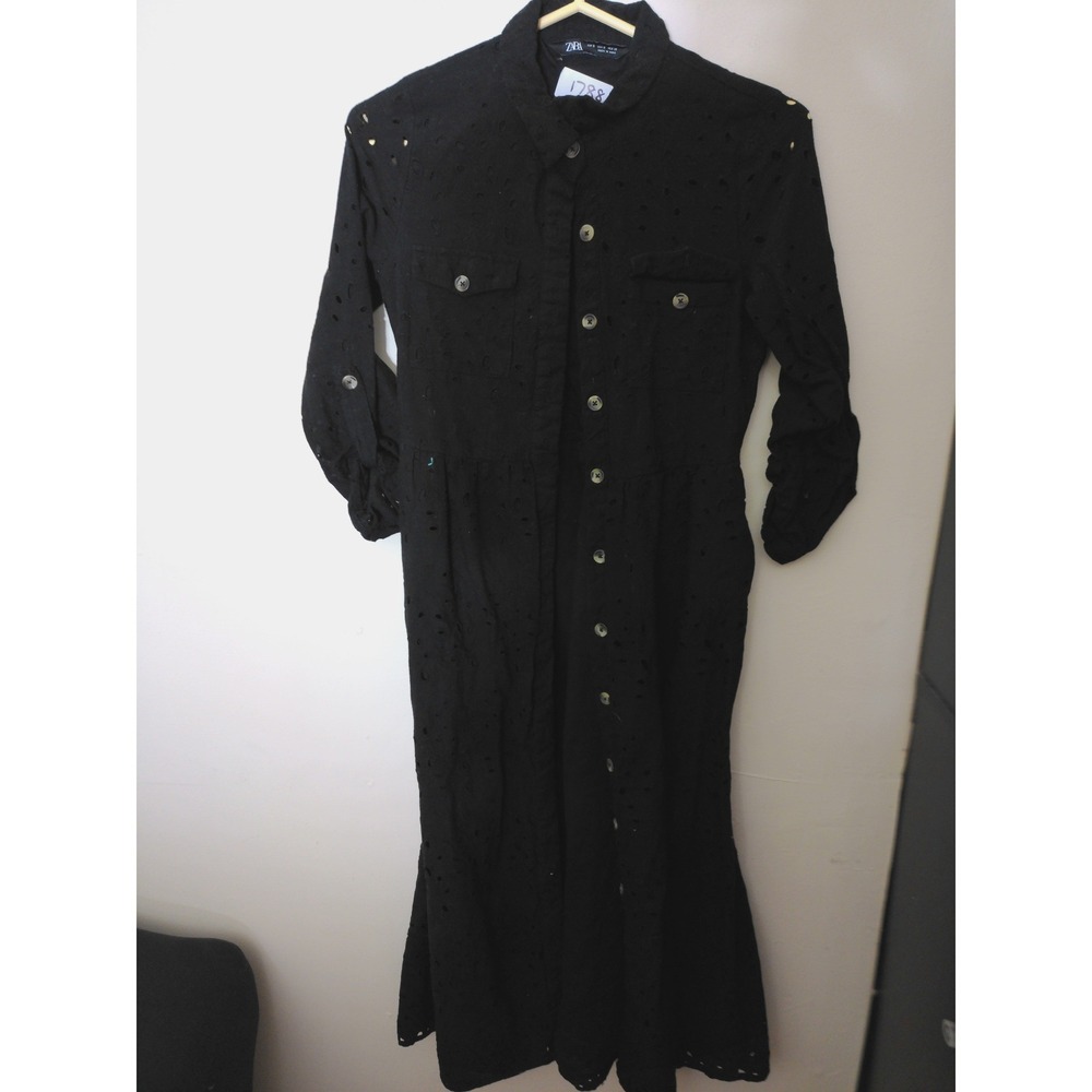 Zara Shirt Dress Womens Small Black Eyelet Embroidered Midi Boho Coastal 1788
